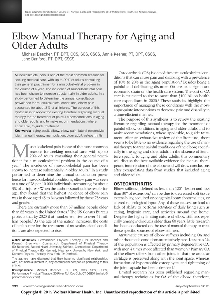 Jurnal Elbow Manual Therapy For Aging & Older Adults PDF Physical