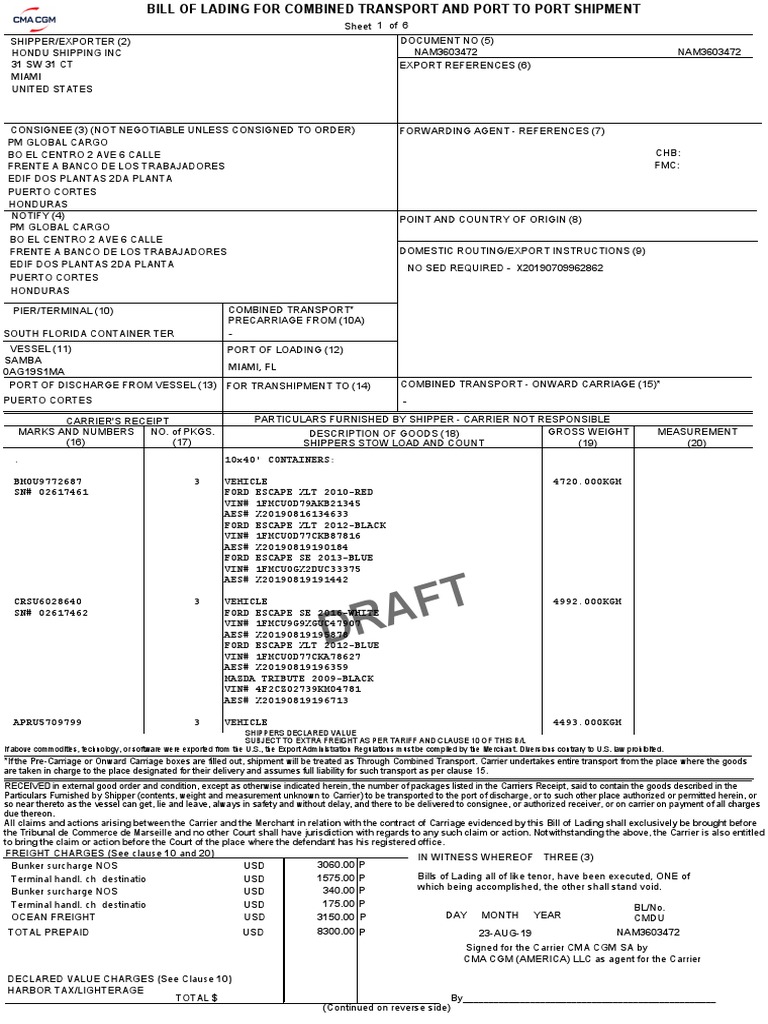 SZLU Container Bill of Lading | PDF | Bill Of Lading | Consignee