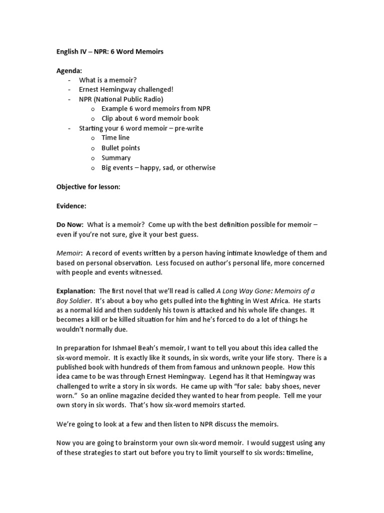 6Word Memoir Lesson Plan PDF Language Arts & Discipline Poetry