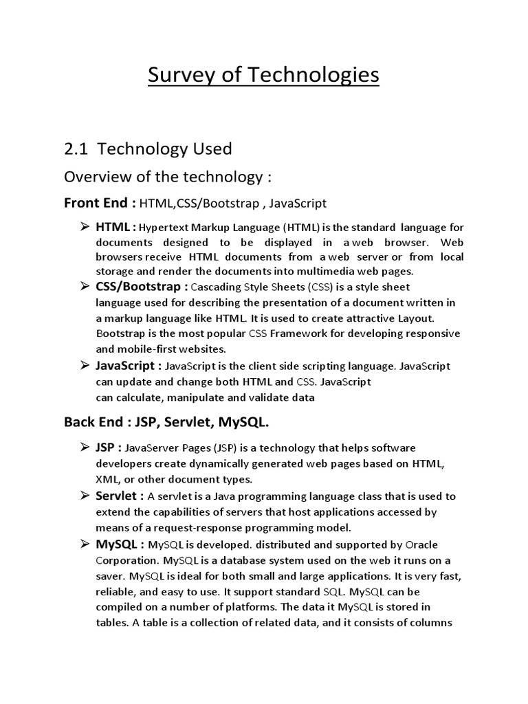 Survey of Technologies: 2.1 Technology Used | PDF | Java Server Pages ...