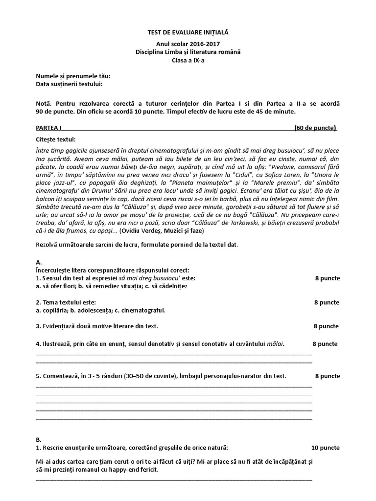 Test Evaluare Initiala Ix A | PDF
