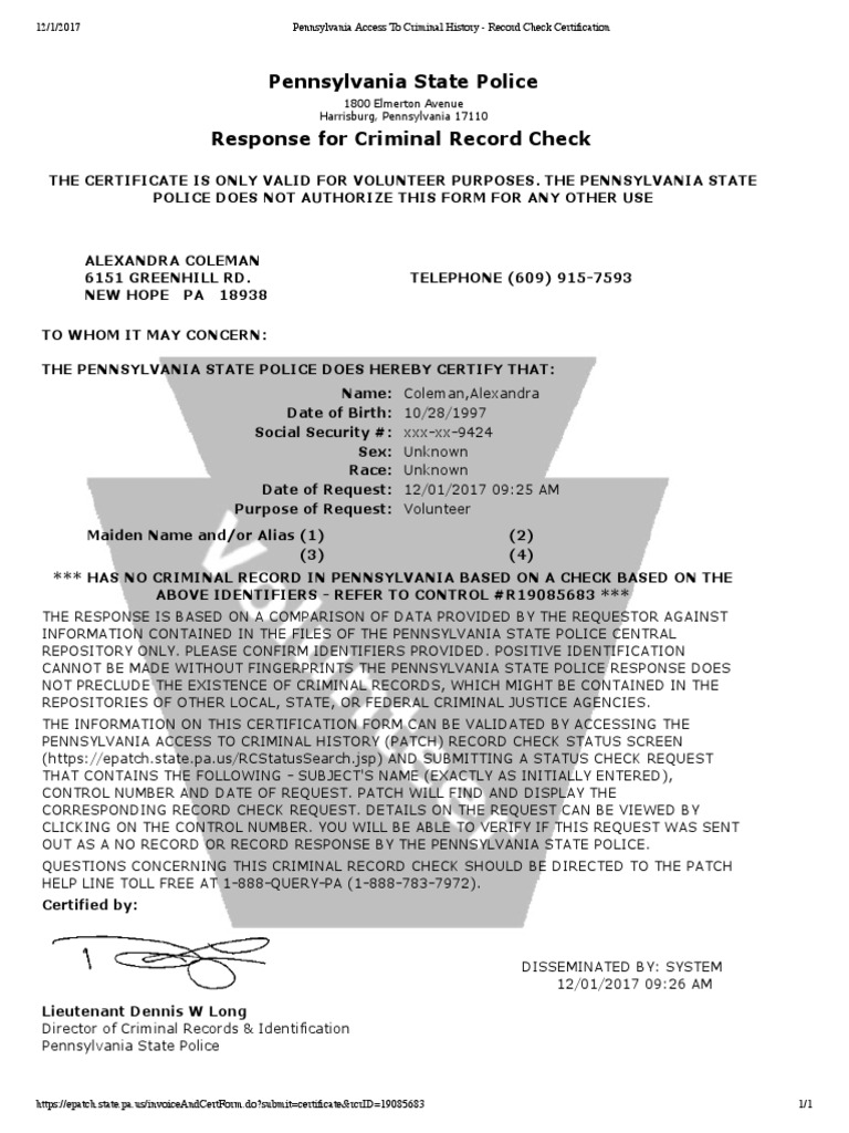 Pennsylvania Access To Criminal History Record Check Certification 2