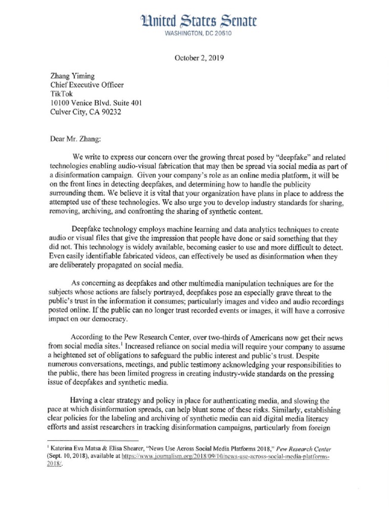 Deepfakes Letter To TikTok PDF