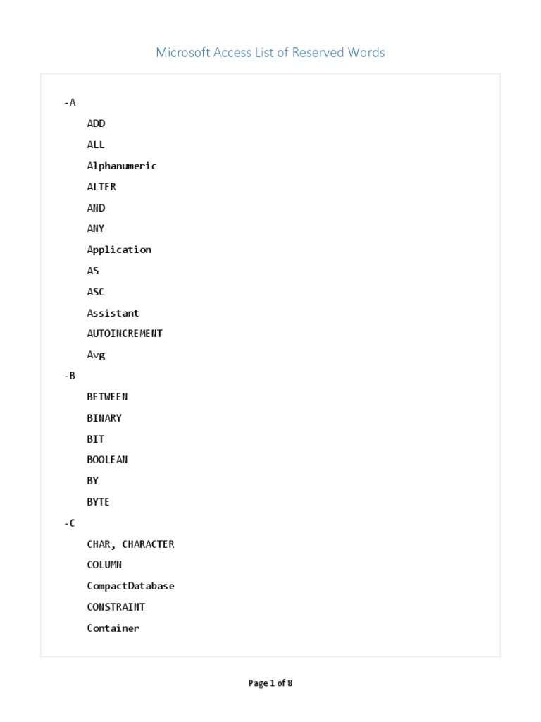 S3L9 Access Reserved Words PDF | PDF | Microsoft Access | Databases