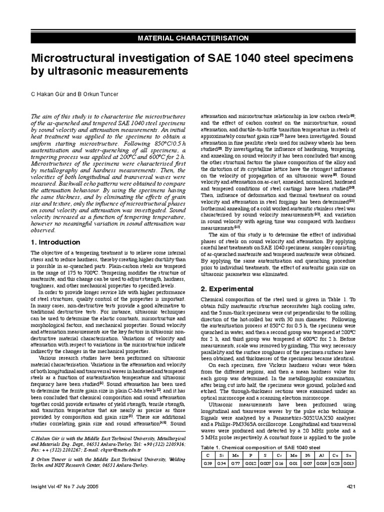 Microstructural Investigation of SAE 1040 Steel Specimens by Ultrasonic