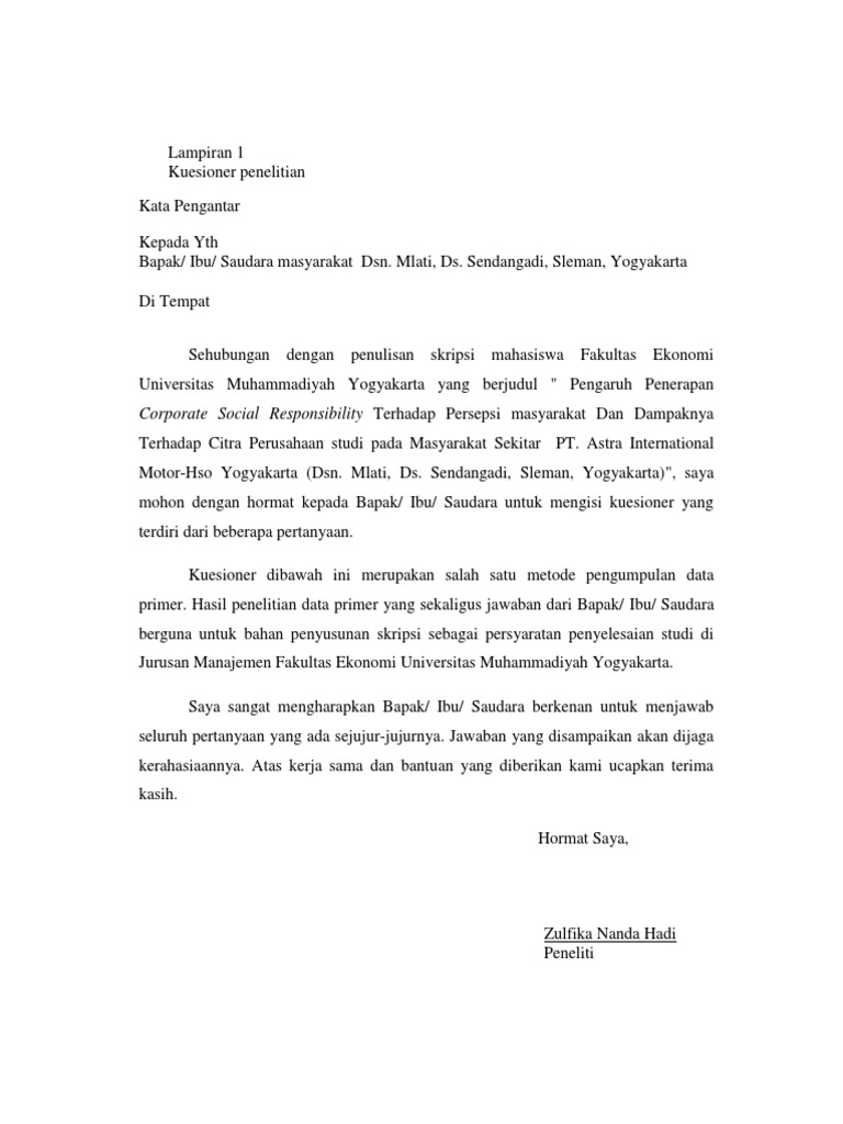 Kata Pengantar Kuesioner Contoh 7