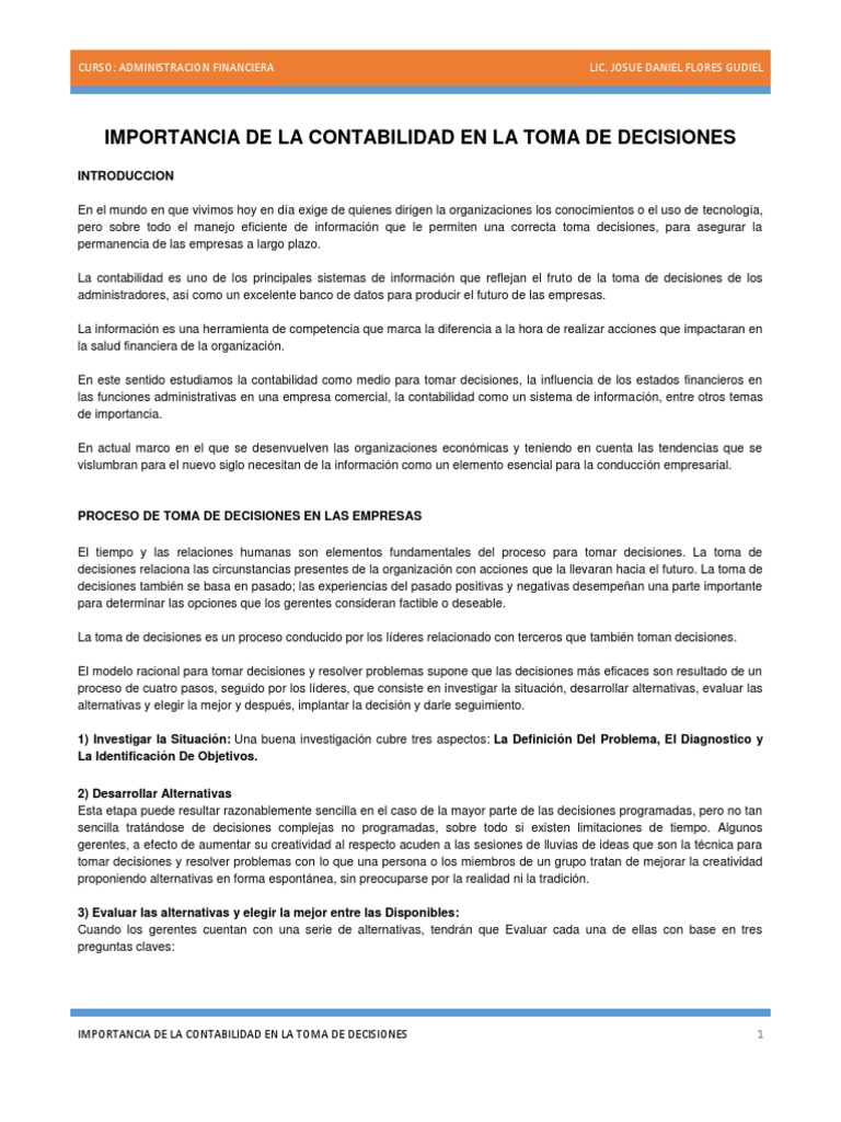 Importancia de La Contabilidad en La Toma de Decisiones | Descargar ...