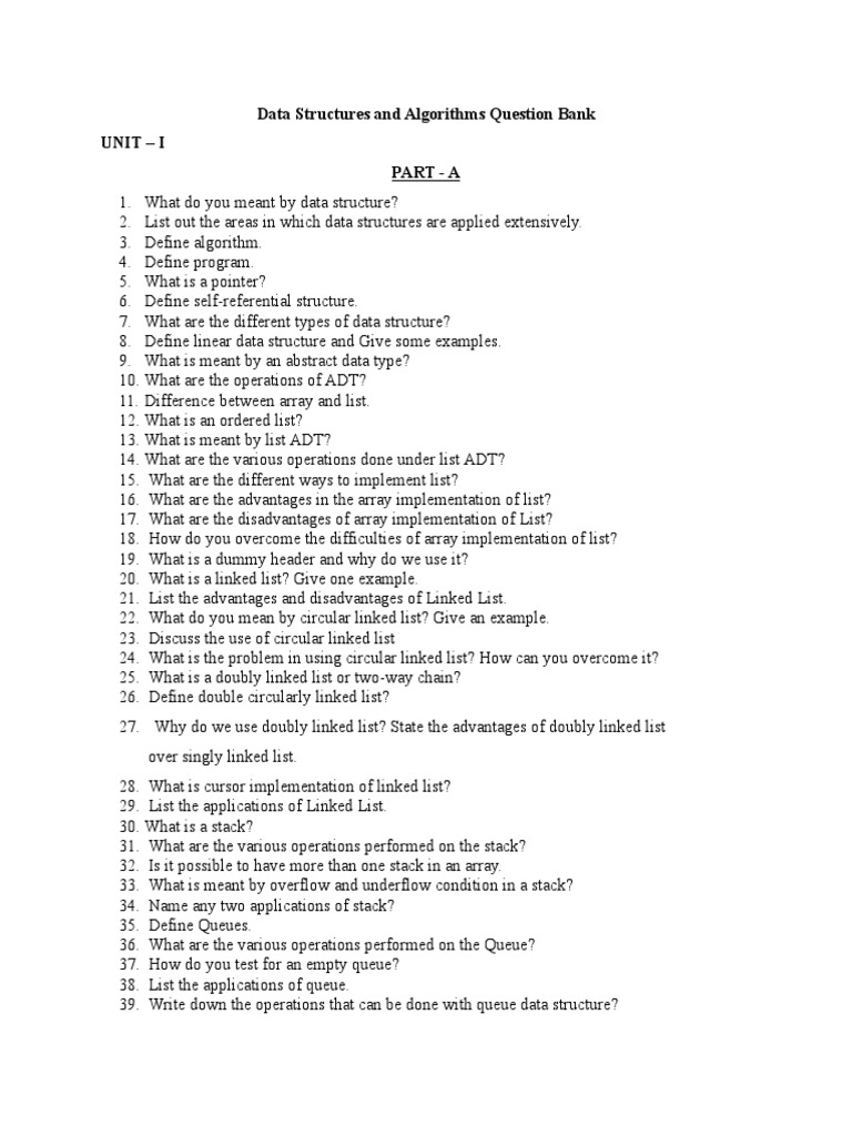 Data Structures and Algorithms Question Bank Unit - I Part - A | PDF ...