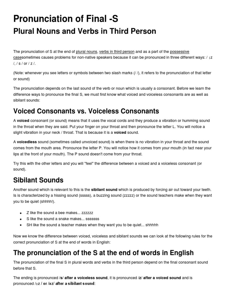 Pronunciation of Final S or Es  PDF  Consonant  Phonetics