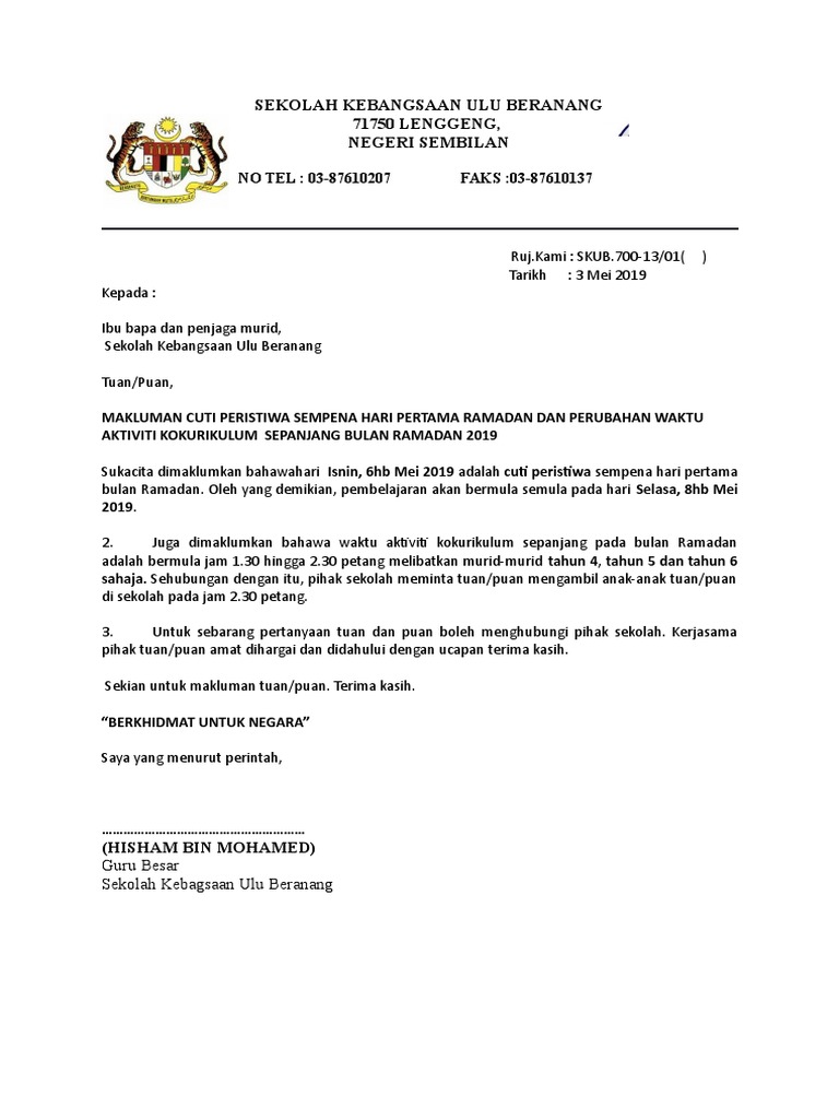 Surat Makluman Cuti Dan Perubahan Waktu Kokurikulum Dalam Bulan Ramadan 2019