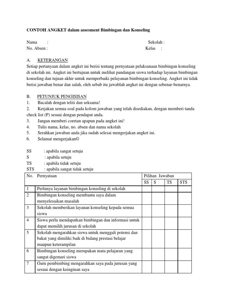 Contoh Angket Dalam Assesment Bimbingan Dan Konseling