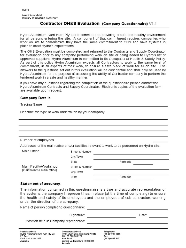 Contractor OH&S Evaluation Form | PDF | Occupational Safety And Health ...
