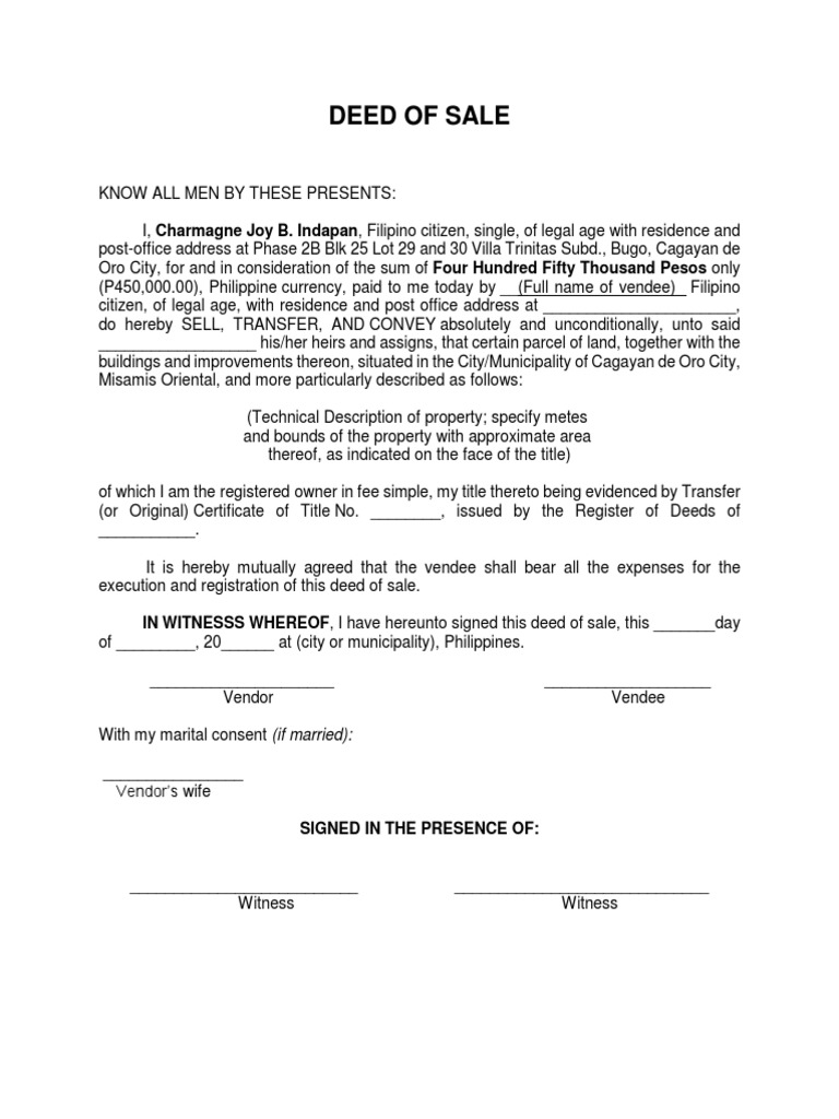 Deed of Sale: Signed in The Presence of | PDF