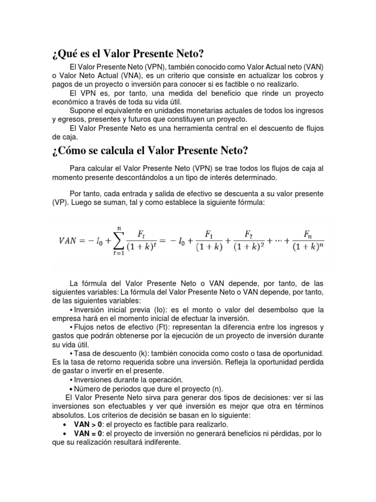 Definición y Cálculo del Valor Presente Neto | PDF | Valor presente ...