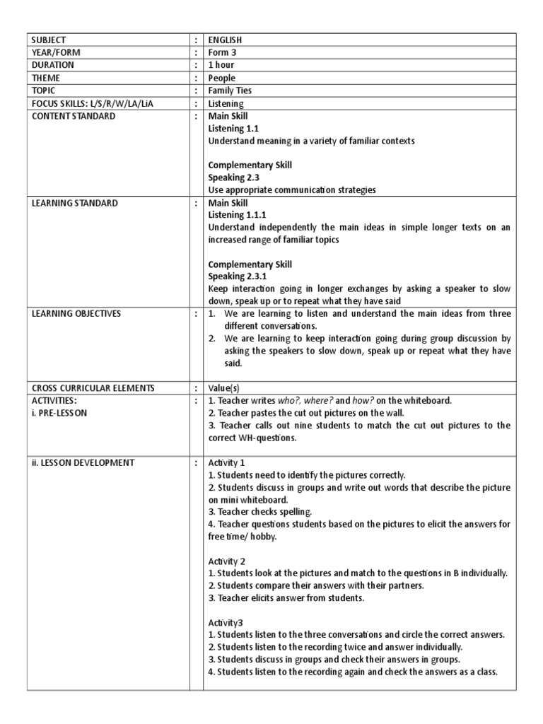 Listening Lesson Plan Cefr Form 3 Download Free Pdf Question