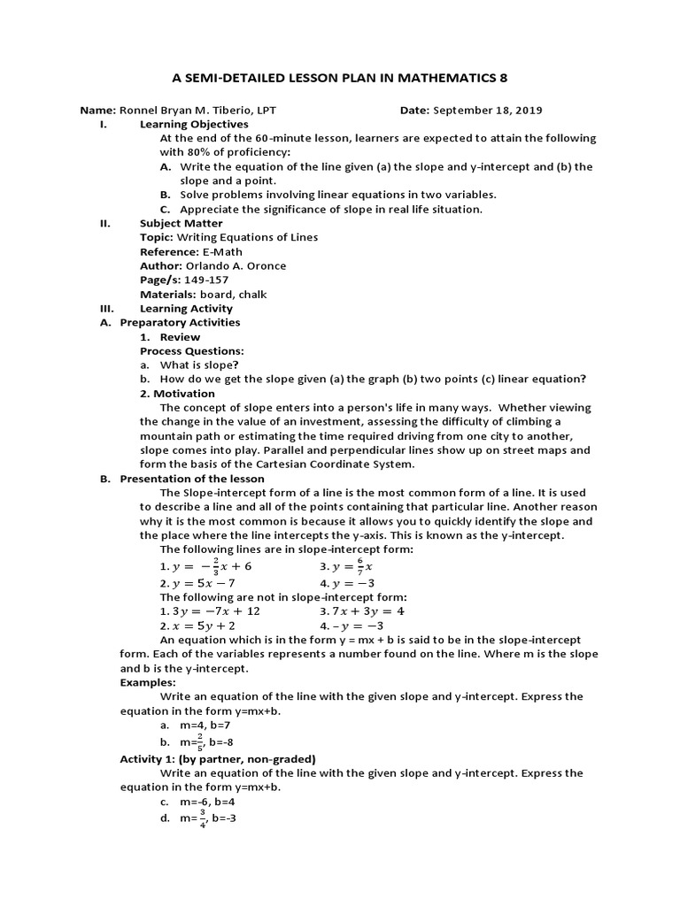 Semi-Detailed Math Lesson Plan: Grade 8 | PDF | Slope | Teaching ...