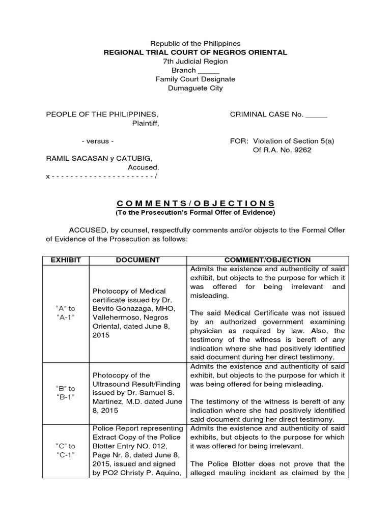 Comment on formal offer of evidence pdf witness government