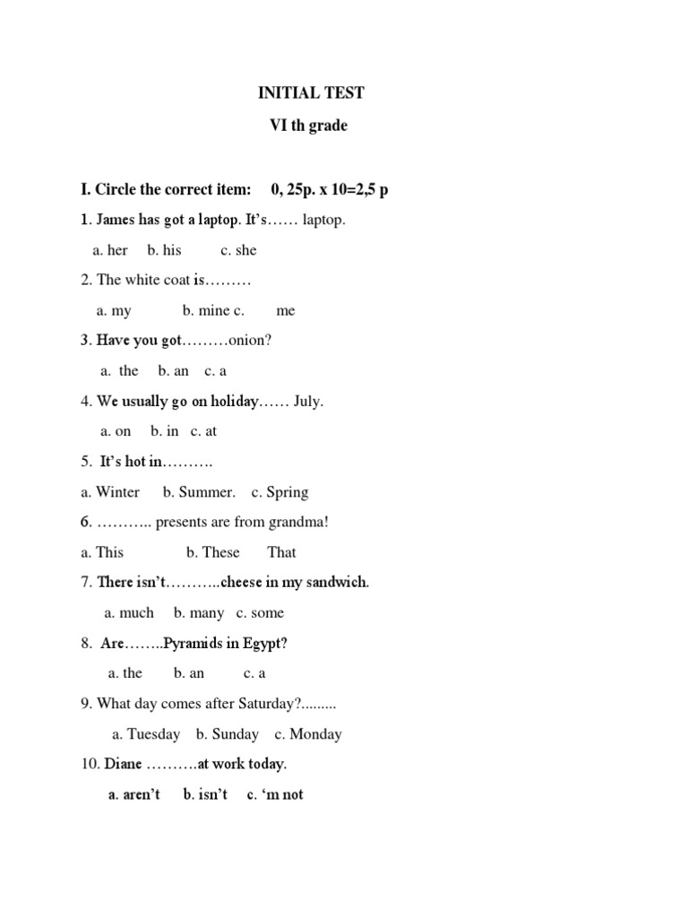 VI Grade English Language Test | PDF | Cooking, Food & Wine