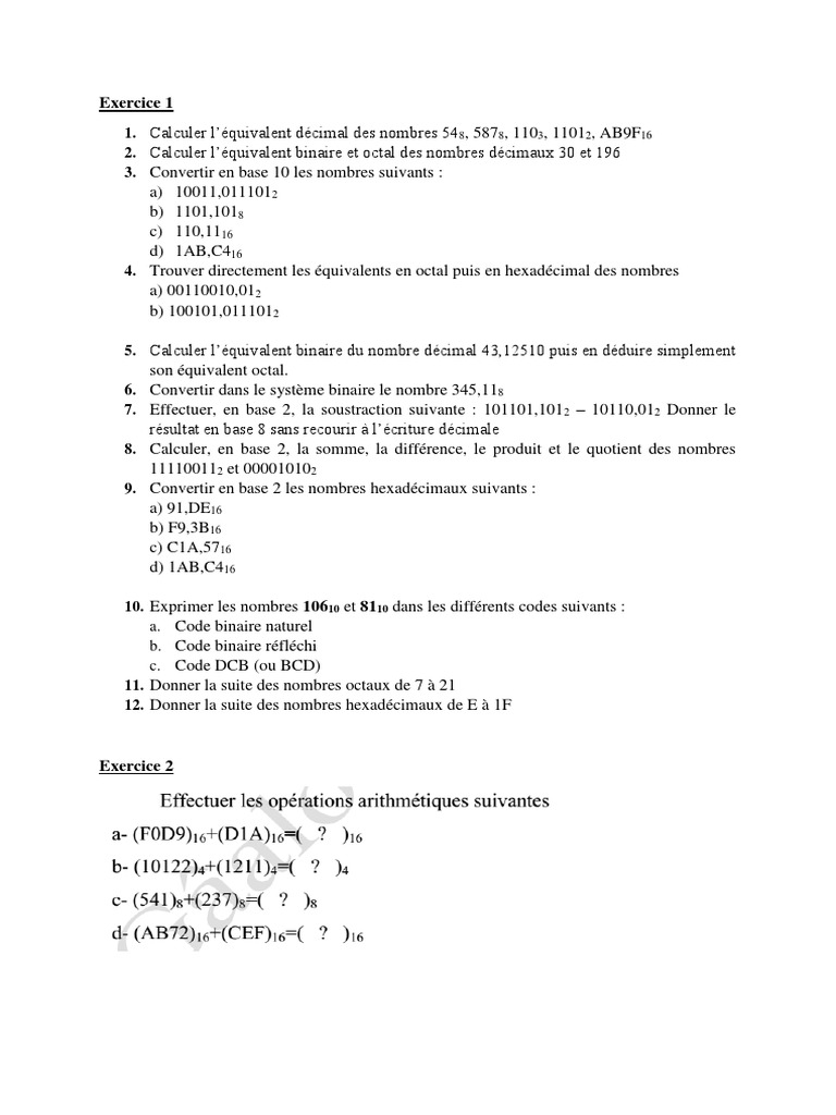 Système De Numération Cours Et Exercices Corrigés Pdf TD 1 Systeme de Numeration | PDF