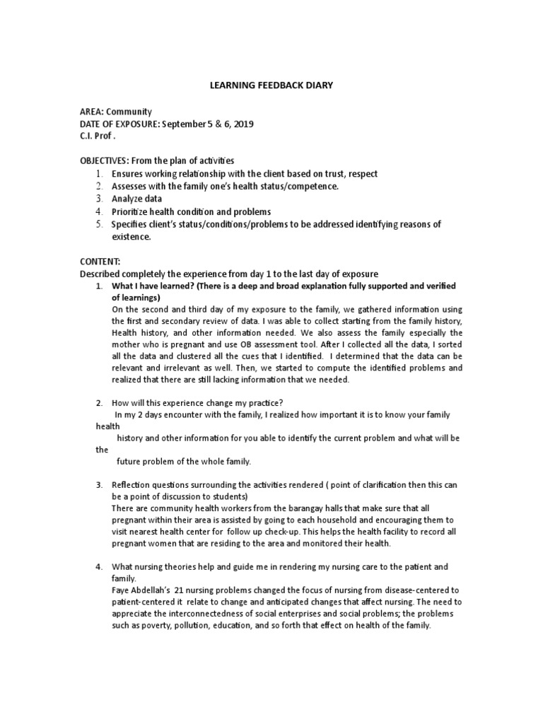 Community Health Learning Feedback Diary | PDF | Nursing | Information