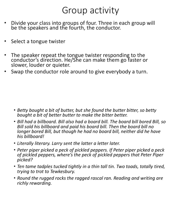 Tongue Twister Group Activity Guide | PDF | Language Arts & Discipline ...
