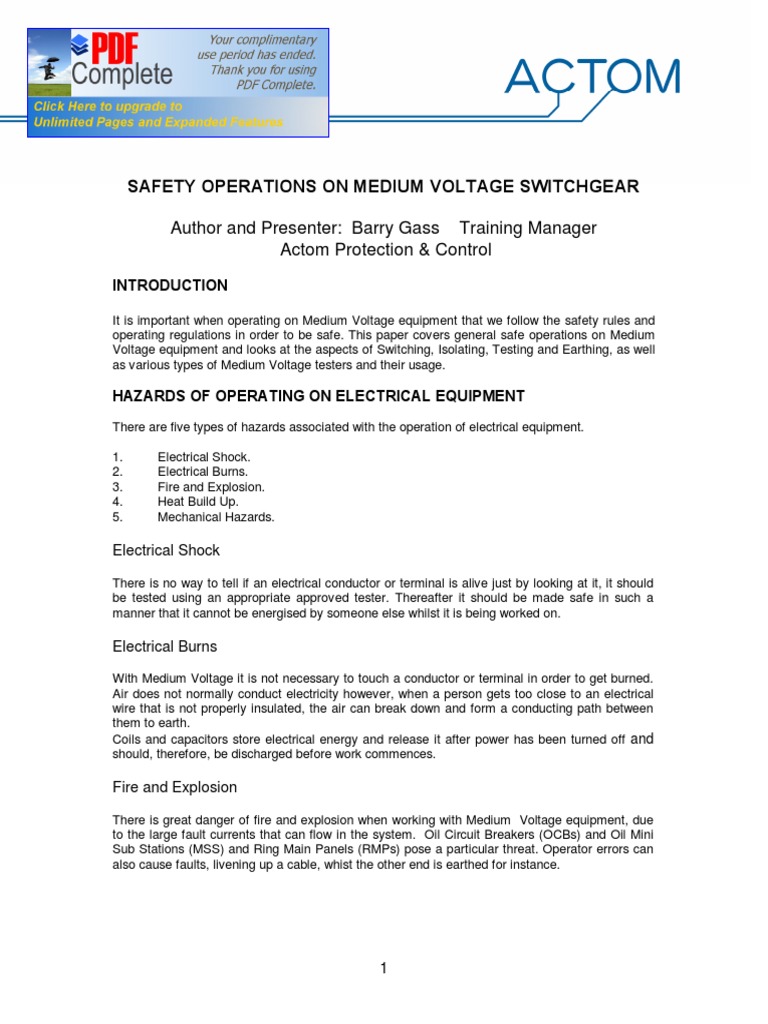 Safety Operations On Medium Voltage Switchgear | PDF | Electricity ...