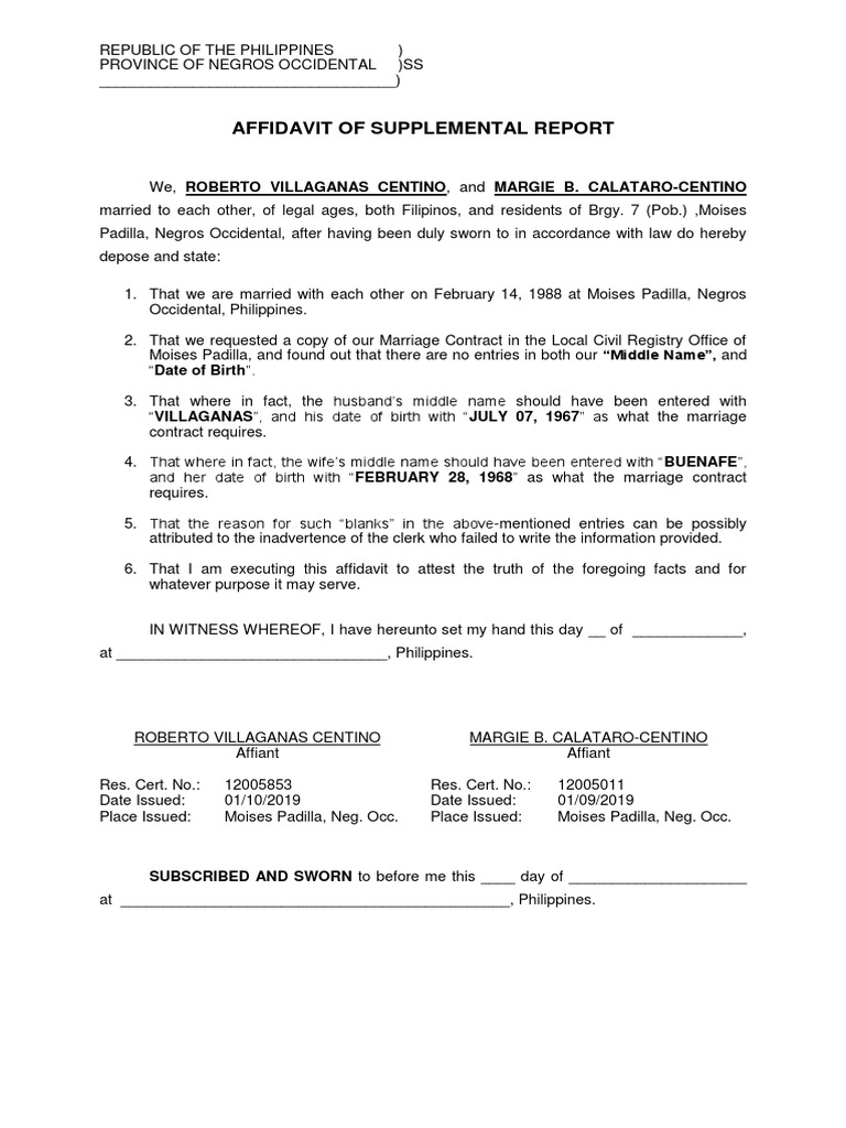 Supplemental Affidavit of Marriage Report | PDF