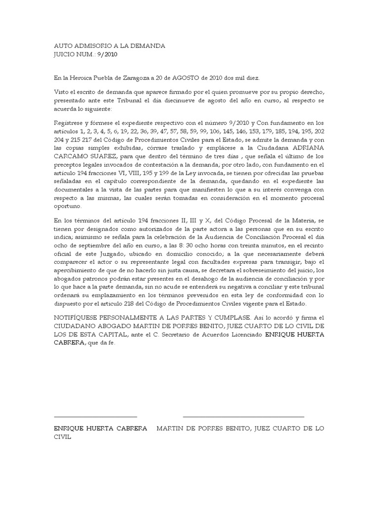 Auto Admisorio A La Demanda | PDF | Demanda judicial | Ley procesal