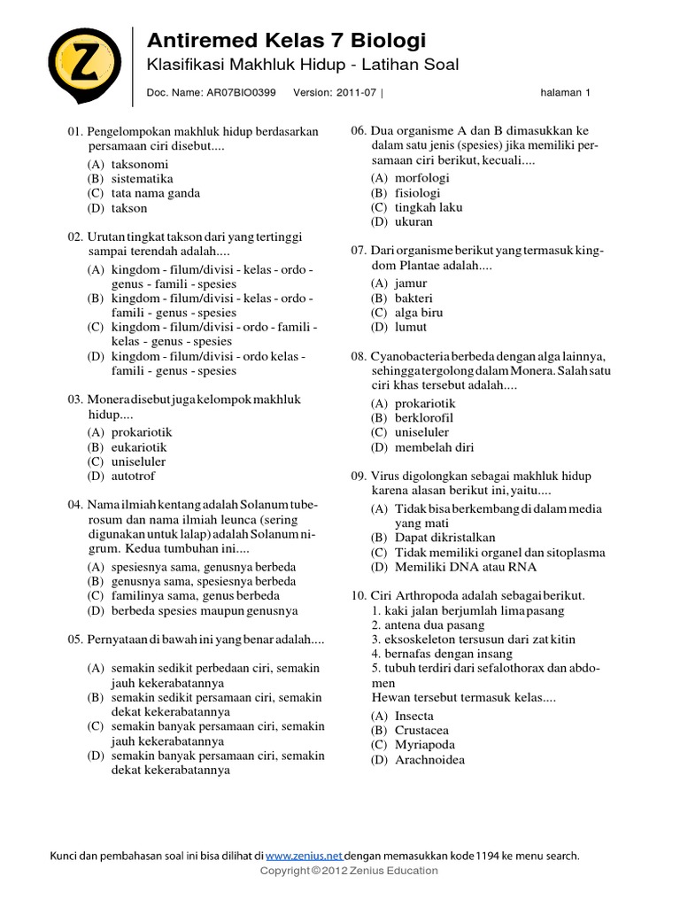 Antiremed Kelas 7 Biologi Klasifikasi Makhluk Hidup Latihan Soal