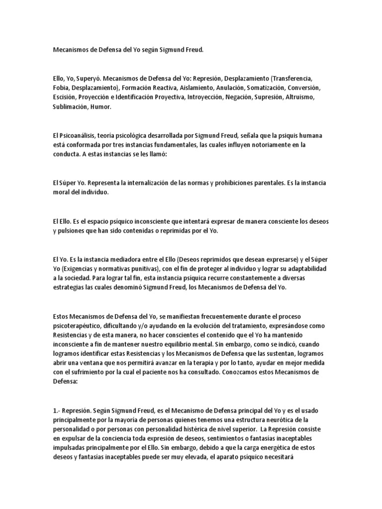 Mecanismos de Defensa Del Yo Según Sigmund Freud | PDF | Mecanismos de ...