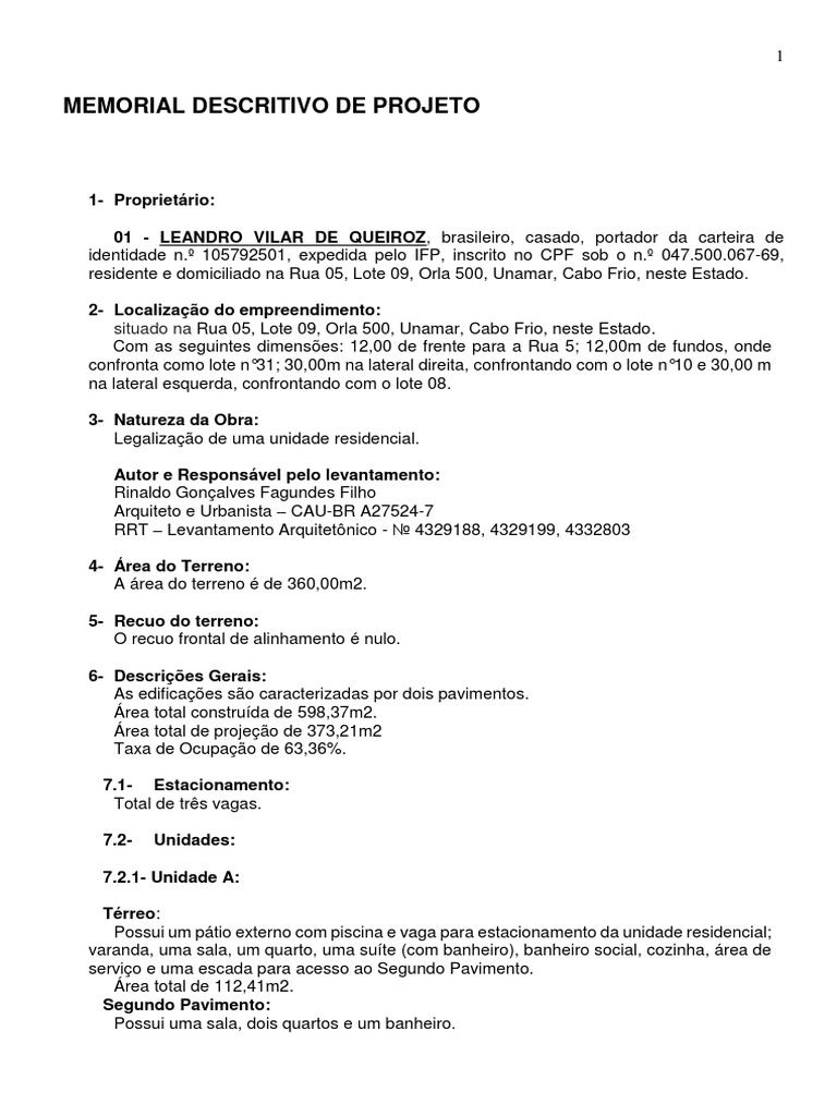 Memorial Descritivo de Projeto - Leandro | PDF | Tecnologia de ...