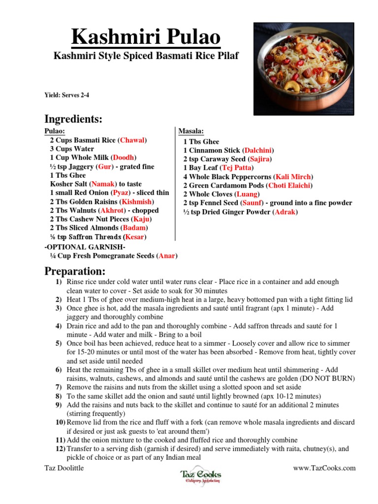 Kashmiri Pulao Recipe Download Free PDF Asian Cuisine Regional