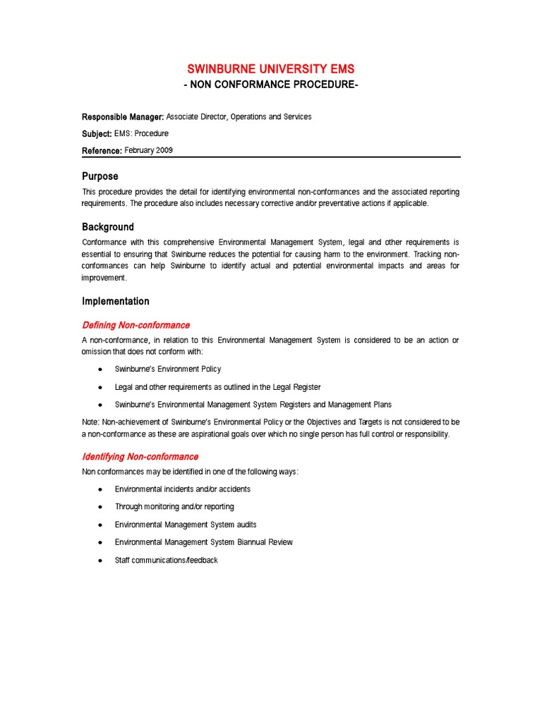 Swinburne EMS Non-Conformance Procedure | PDF | Environmental Policy ...