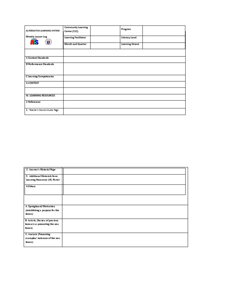 Weekly Lesson Log for Alternative Learning | PDF