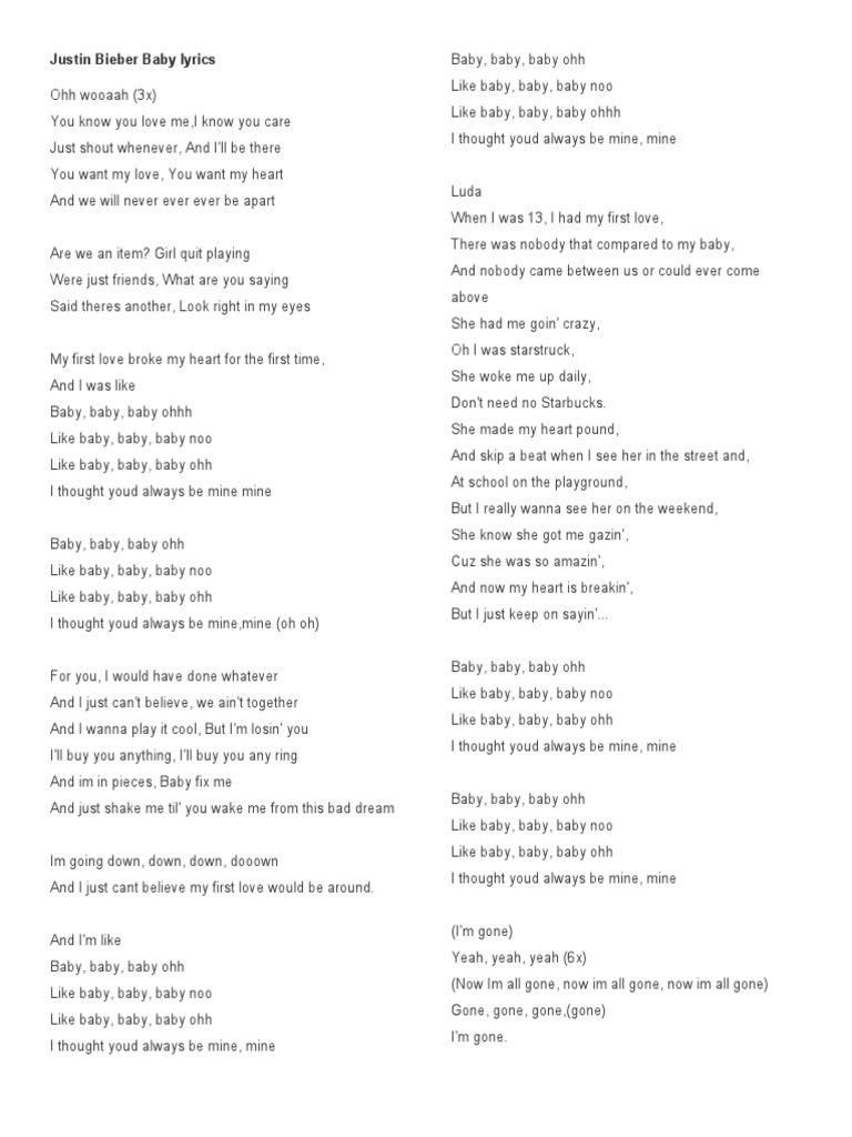 Justin Bieber Baby Lyrics Pdf
