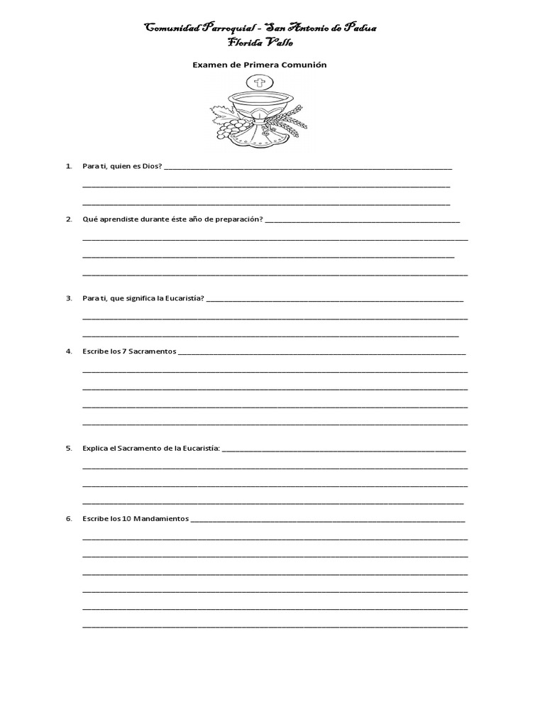 Examen Primera Comunión eucaristía Cristo (título)