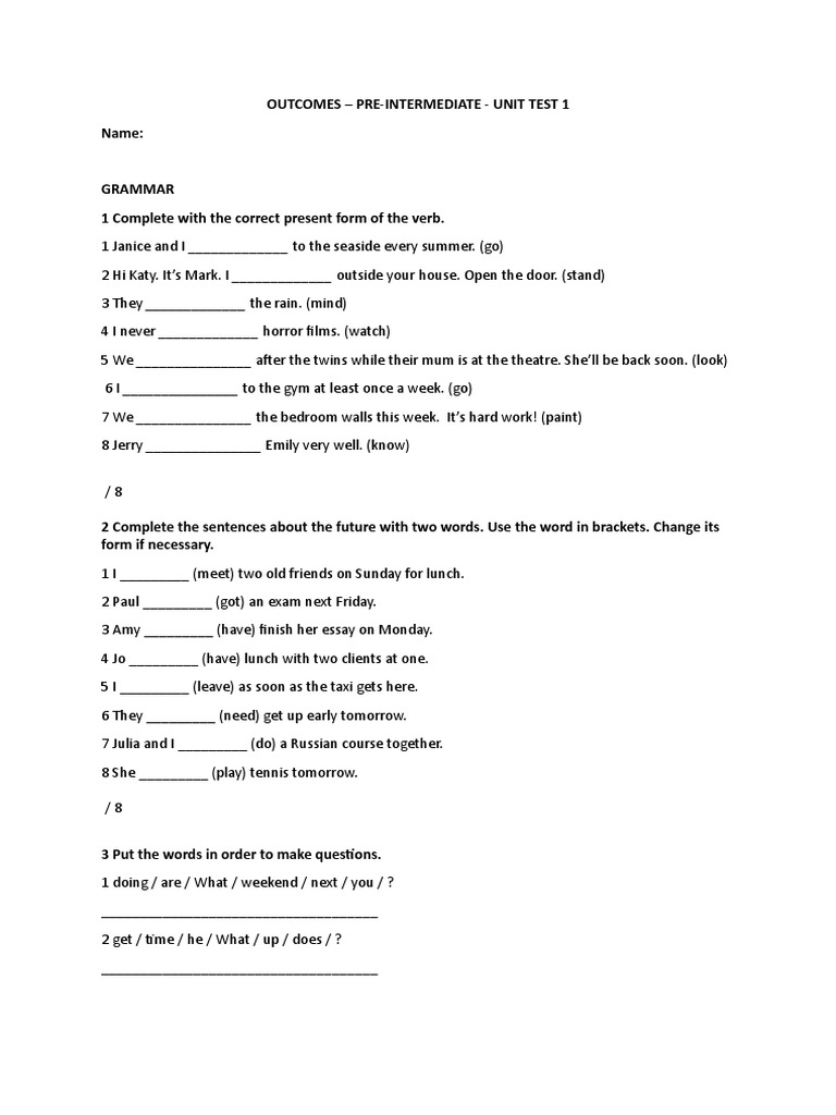 Outcomes Pre-Intermediate Test | PDF | Behavior Modification | Cognition