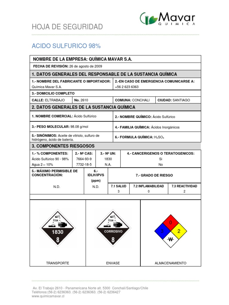 Hoja de Seguridad del Ácido Sulfúrico | PDF | Ácido sulfúrico | Oxígeno
