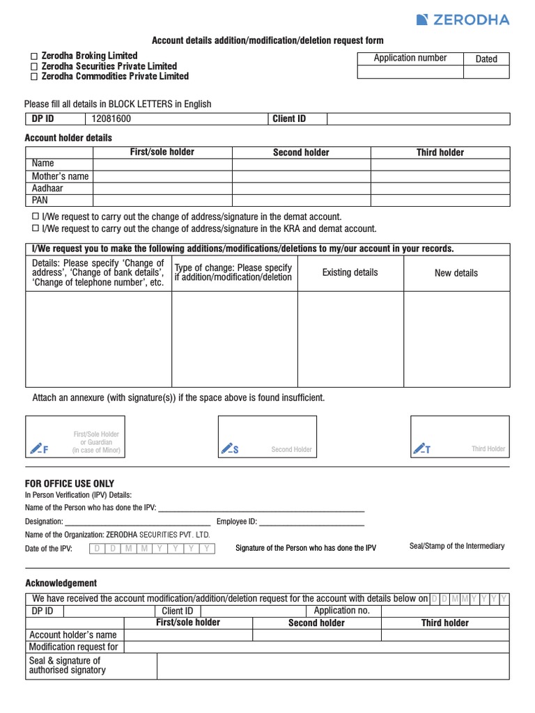 Zerodha Account Modification Request Form | PDF | Identity Document ...