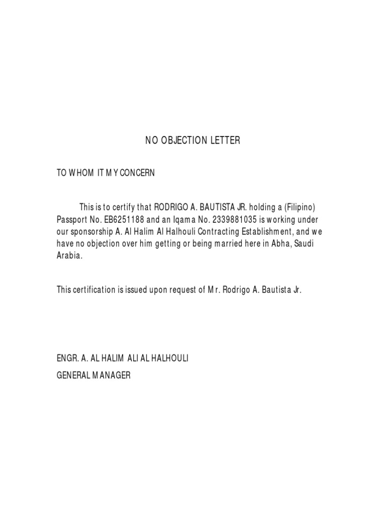 No Objection Letter for Marriage | PDF | Law