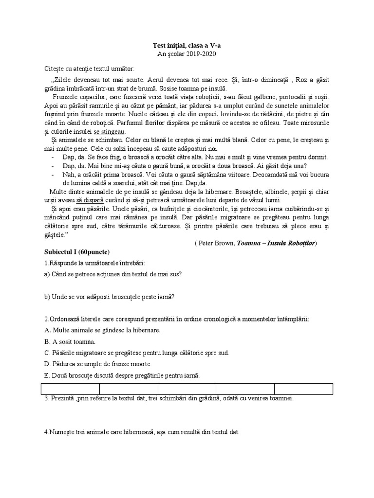 Test Initial Clasa A Va 20192020 | PDF