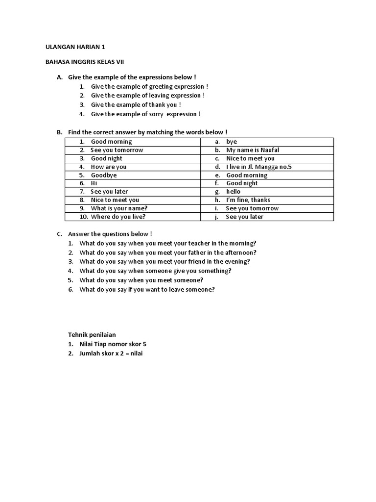 Ulangan Harian 1-Smp Kelas 7 | PDF | Career & Growth | Language Arts ...