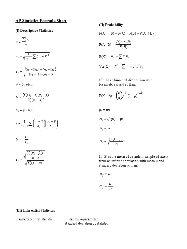 AP Statistics Formula Sheet (I) Descriptive Statistics (II