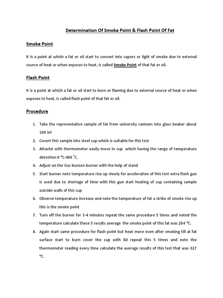 Determination of Smoke Point & Flash Point of Fat Smoke Point | PDF ...