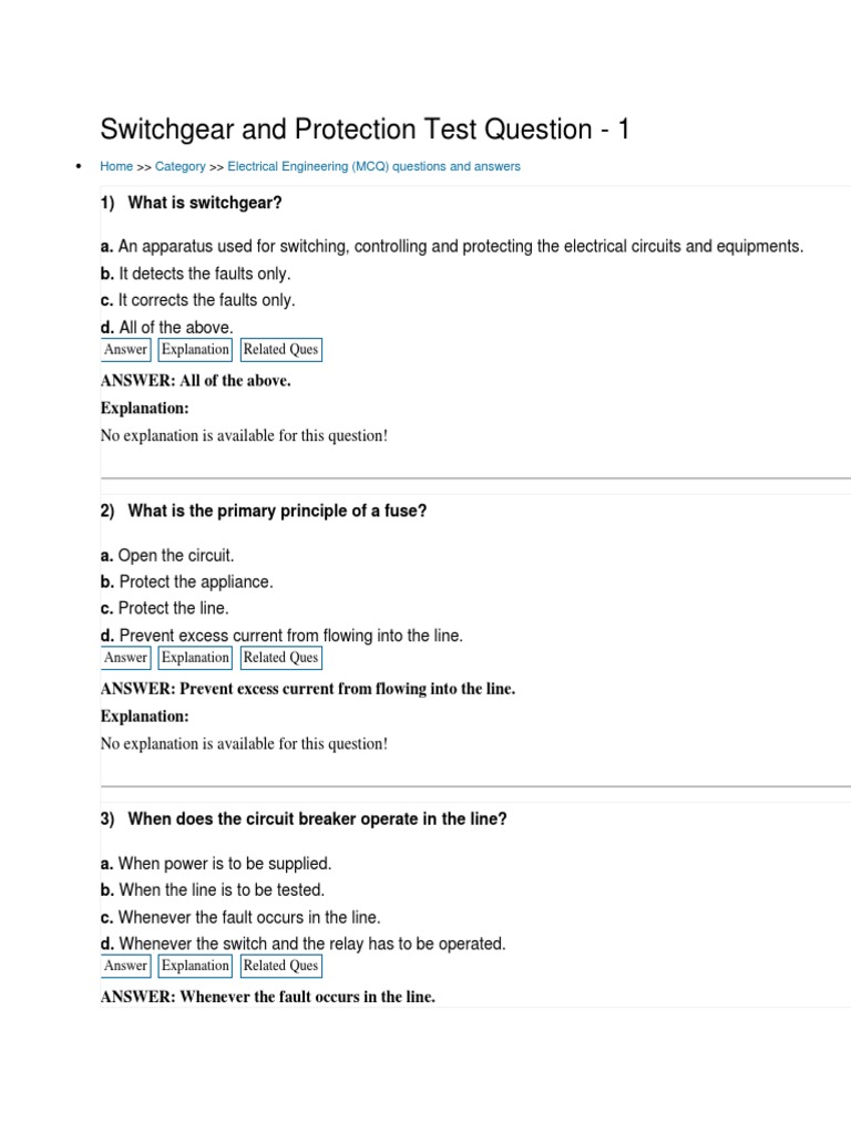 Switchgear and Protection Test Question PDF Electric Arc Relay