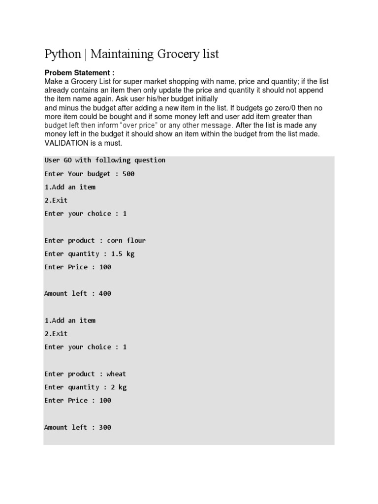 Python - Maintaining Grocery List: Probem Statement | PDF | Prices ...