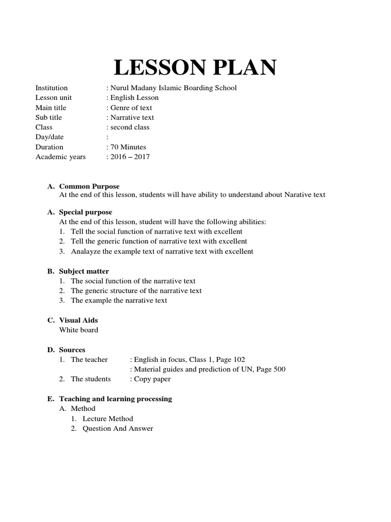 Narrative Text Lesson Plan for Students | PDF | Narrative | Lesson Plan