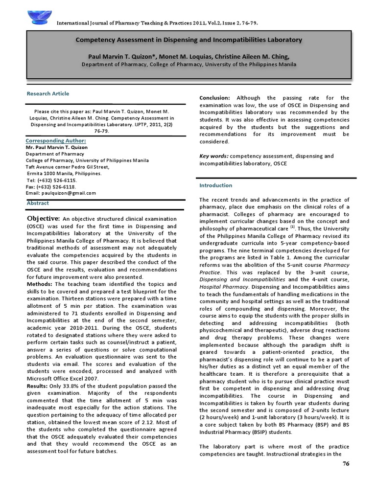 Competency Assessment in Dispensing and Laboratory