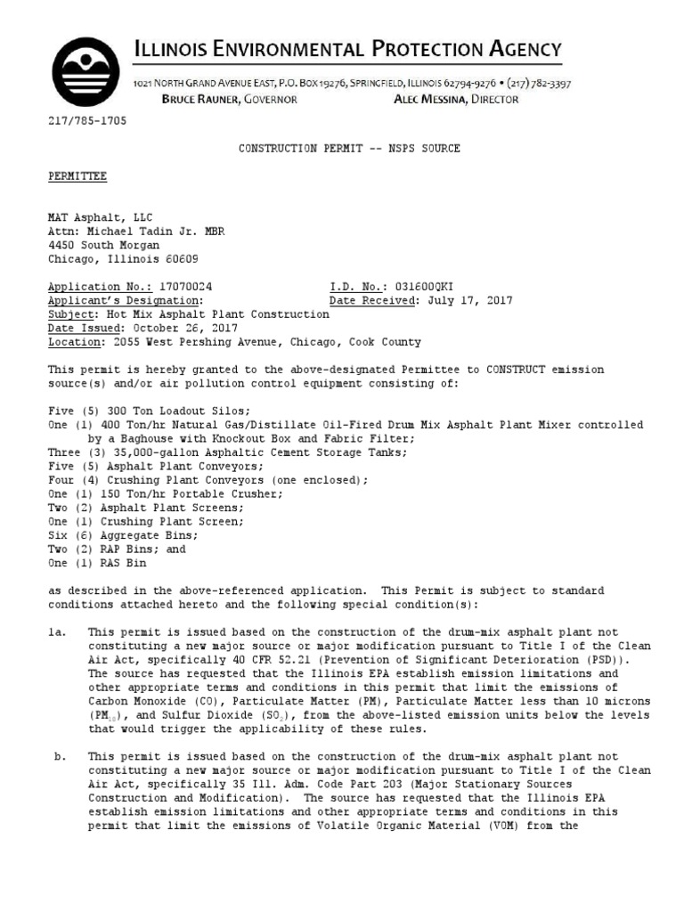 Illinois EPA Construction Permit MAT Asphalt 20171026 | PDF | United ...