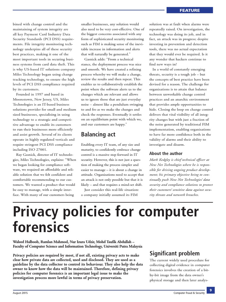 Privacy Policies For Computer Forensics Balancing Act PDF Computer